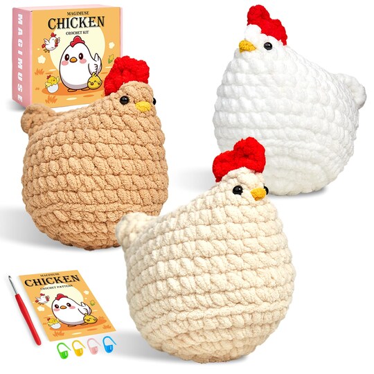 Art & Gift; Crochet Kit for Beginners, Crochet Starter Kits for Adults Amigurumi Craft Knitting Crochet Animals Kits with Step-by-Step Video Tutorials, 3 Pcs Chicken (40%+ Yarn) & Organizer Storage Tote Bag; Category:Crochet Kits; Image:1